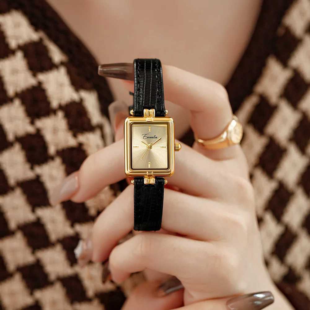 Retro Niche Design Square Rectangular Gold Dial Quartz Mens Casual Brown Leather Waterproof Fashion Watch Y250715