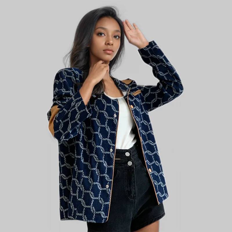 WTHT Trendy Women's Knit Print Patchwork Leather Denim Coat 2024 Autumn Fashion Lapel Long Sleeves Jacket Female 1Ls128
