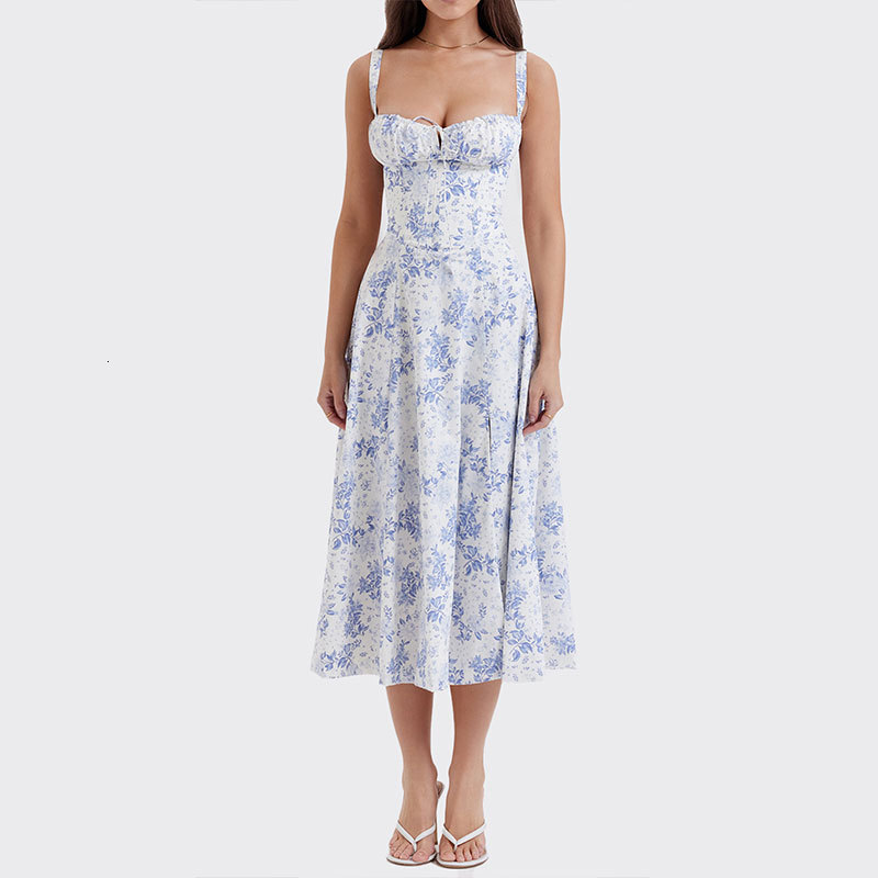 2025 Amazon Independent Station European and American Women's Fashion New Floral Square Neck Sexy Split Large Swing Spring Dress for Women