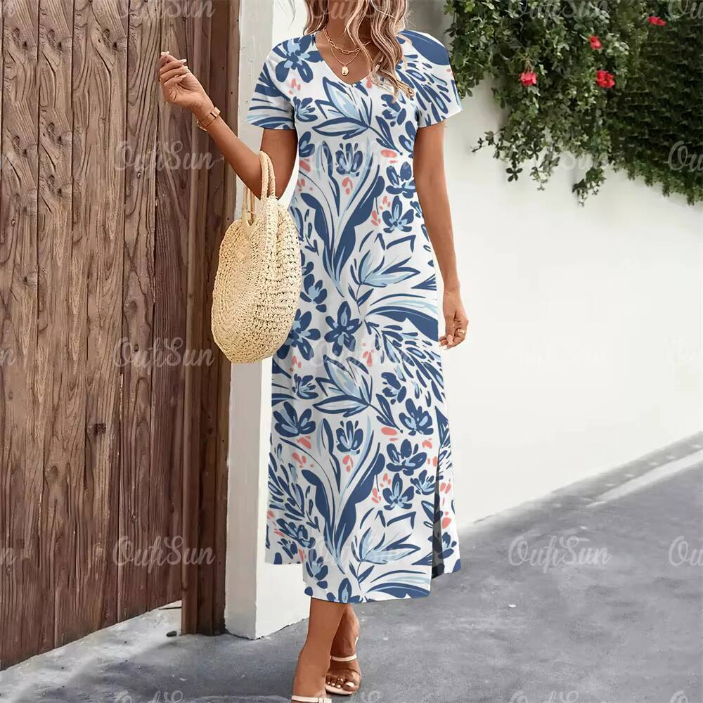 2024 New Womens Floral Print Summer Elegant Midi Dresses Vacation Feamle Dress Fashion Oversized Clothes Plus Size dongdumaoyi