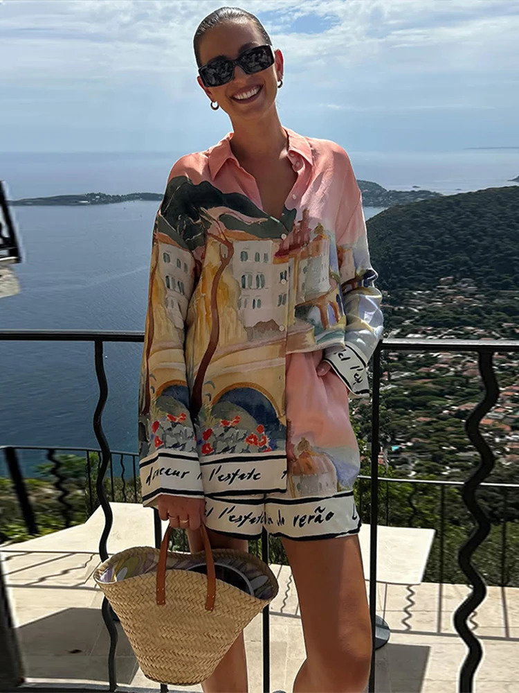 Fashion Printed 2 Piece Set Loose Lapel Button Long Sleeved Shirt Elastic Waist Shorts Suit 2025 Spring Summer Beach Lady 250714