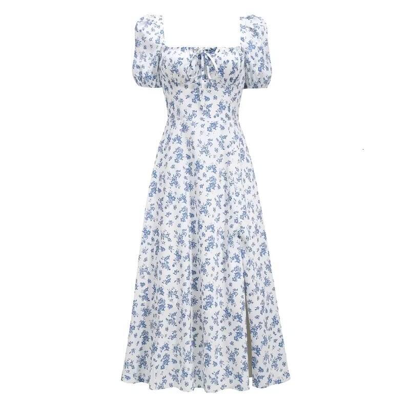 Womens Off Shoulder Ruffle Vintage Floral Printed Dress, French Square Collar, Backless, Summer, 20472 dongdumaoyi