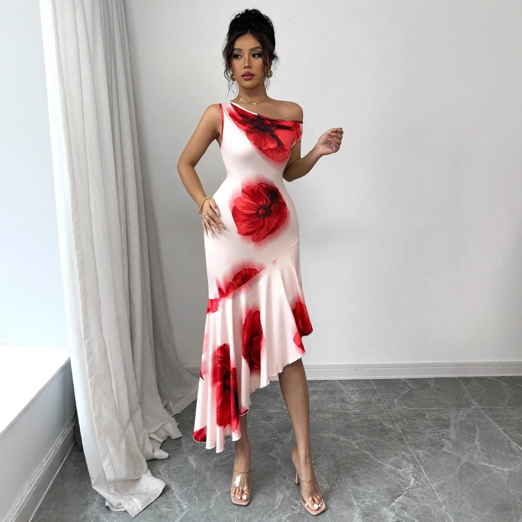 2025 Amazon Hot-Selling Elegant Asymmetric Fit Hibiscus Floral Positioning Print Dress