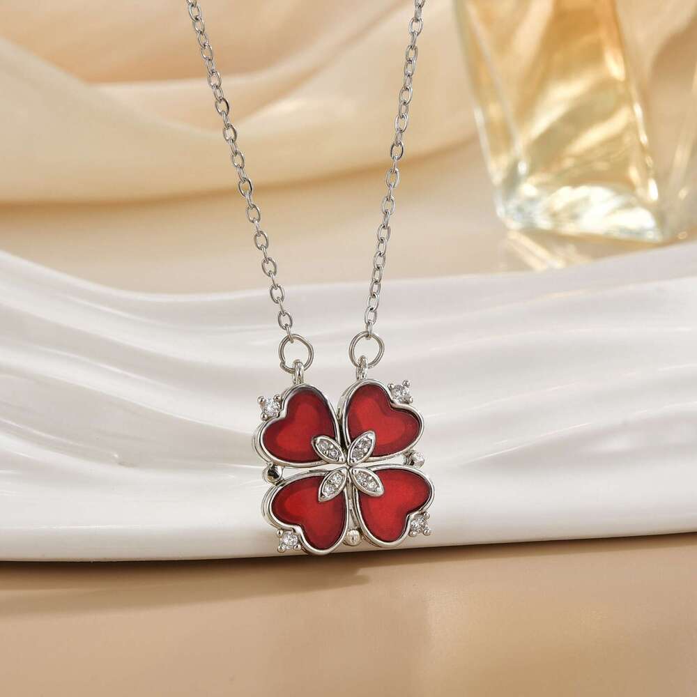 Necklace For Women Red Mother-Of-Pearl Four-Leaf Zircon Live Multi-Way Wear Heart Collarbone Chain Korean Style Internet Celebrity Jewelry D14