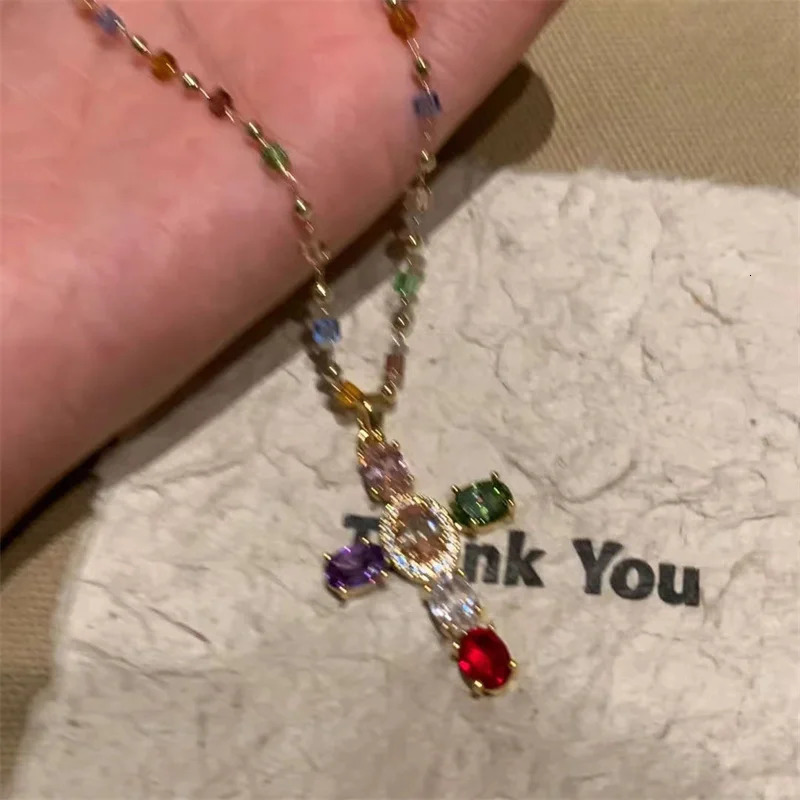 Fashion Colorful Zircon Cross Pendant Necklace For Women Stainless Steel Silver Color Charm Religious Necklaces Jewelry 250805
