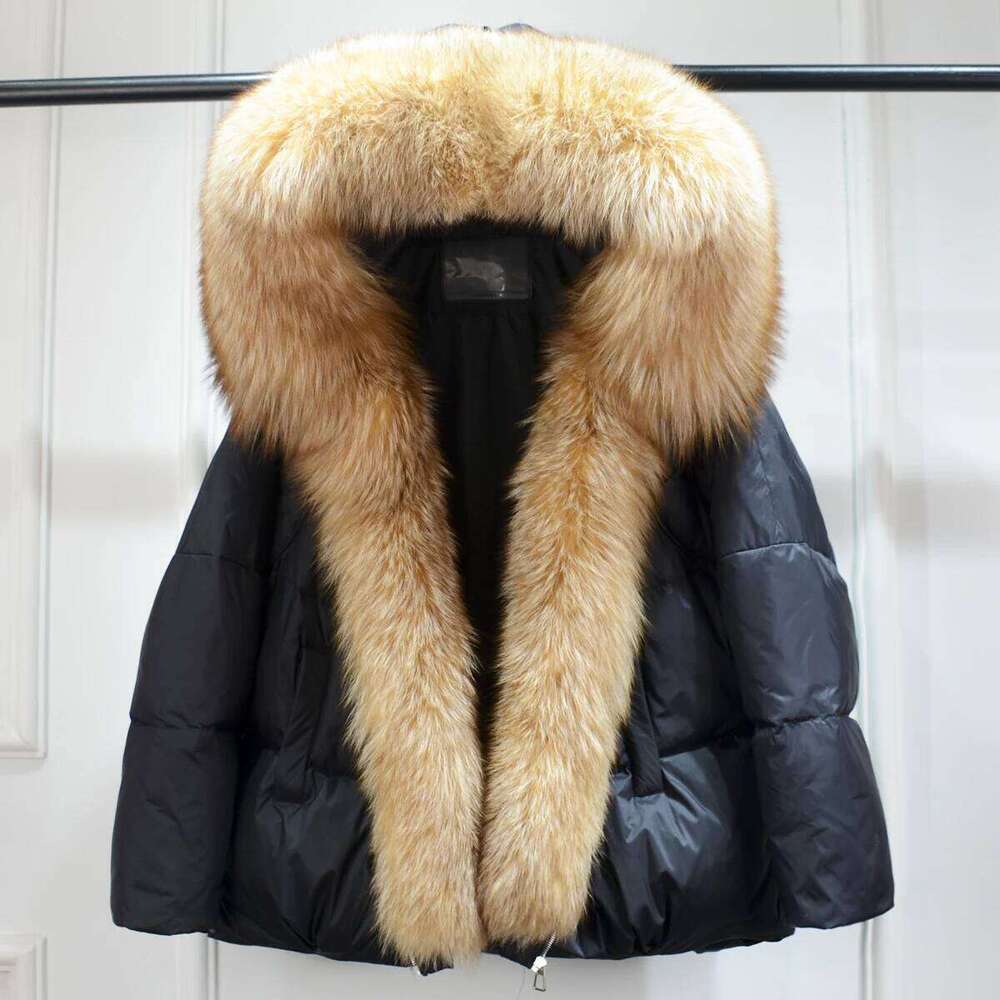 Lagabogy 2025 New Winter Women Real Fox Fur Collar Thick Warm Puffer Coat Hooded Down Jacket Outwear Female Loose Parkas MDNG