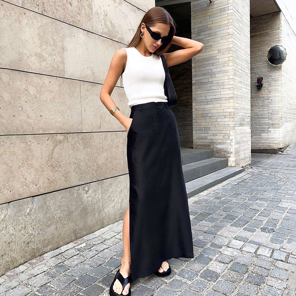 Slit For Women Spring Summer New High Waist Elegant Commuter Midi Skirt A-Line Dress B5