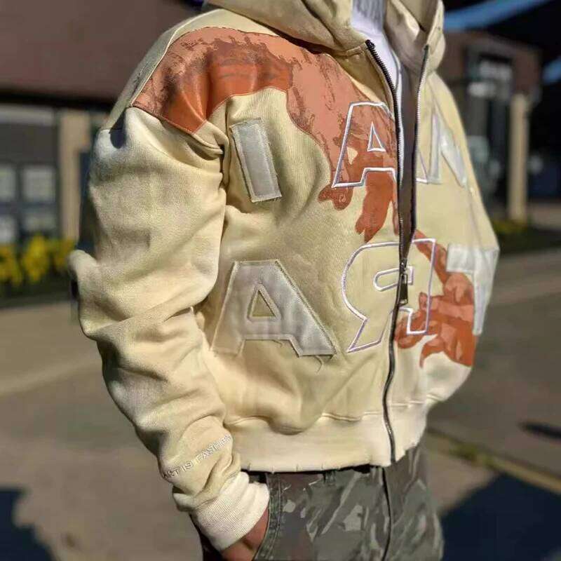 American retro letter print Haruku Y2K loose sweatshirt men street casual fashion couple oversized zipper hoodie women