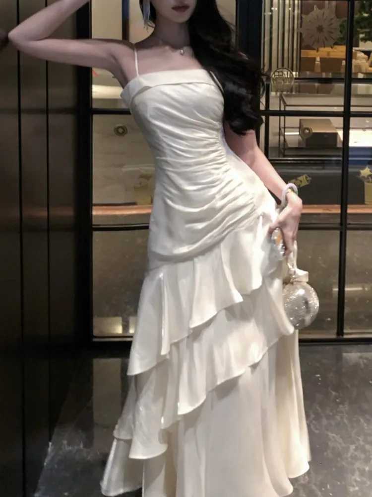 French Elegant Ruffles Sling Womens Mermaid Dresses Prom Gown Soild Zipper Tierred Shoulder Dress 2025 Summer Chic New Vestidos R250716