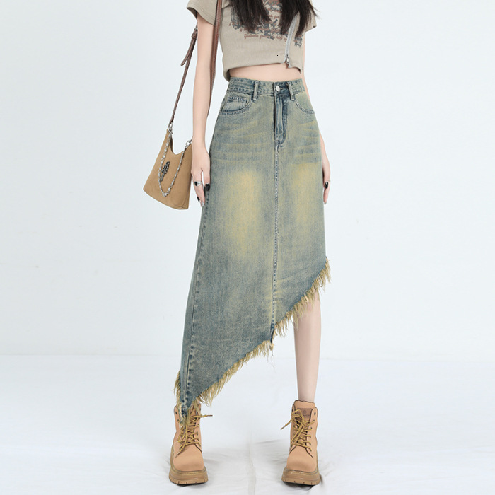2025 Vintage High Waist A-Line Denim Skirt Women's Summer Irregular Design Long Petite Tassel