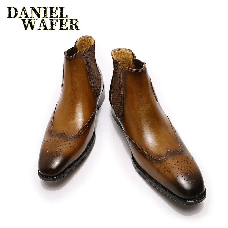 Mens Genuine Leather Chelsea Boots Ankle High Grade Slip-On Buckle Strap Wingtip Brown Black Basic Shoes 250715
