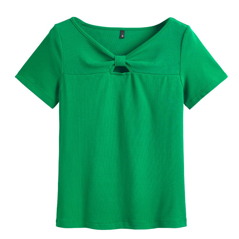 Summer New Women S T Shirt Hollow Chest Bow Sweet Korean Style Slim Fit Cotton Short Sleeve Women S T Shirt Fashion Regular Shoulder Half Sleeve Top N