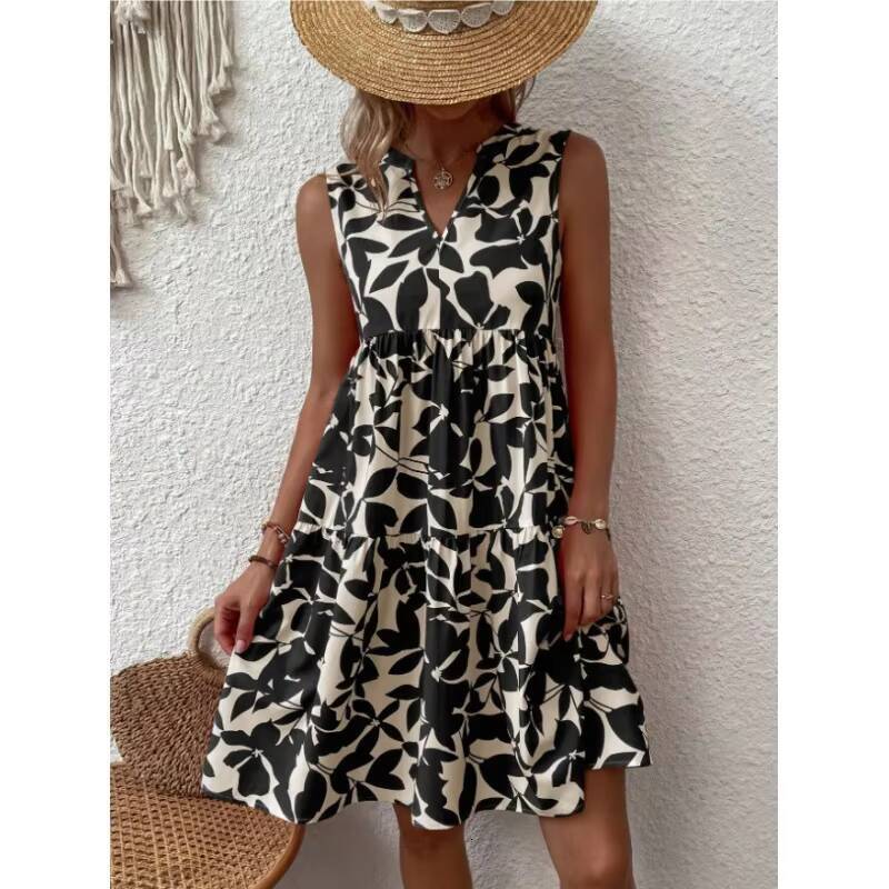 Women V Neck Sleeveless Floral Print Mini Party Dress Summer Fashion Boho Beachwear Holiday Pleated Dresses YED-X2432 dongdumaoyi