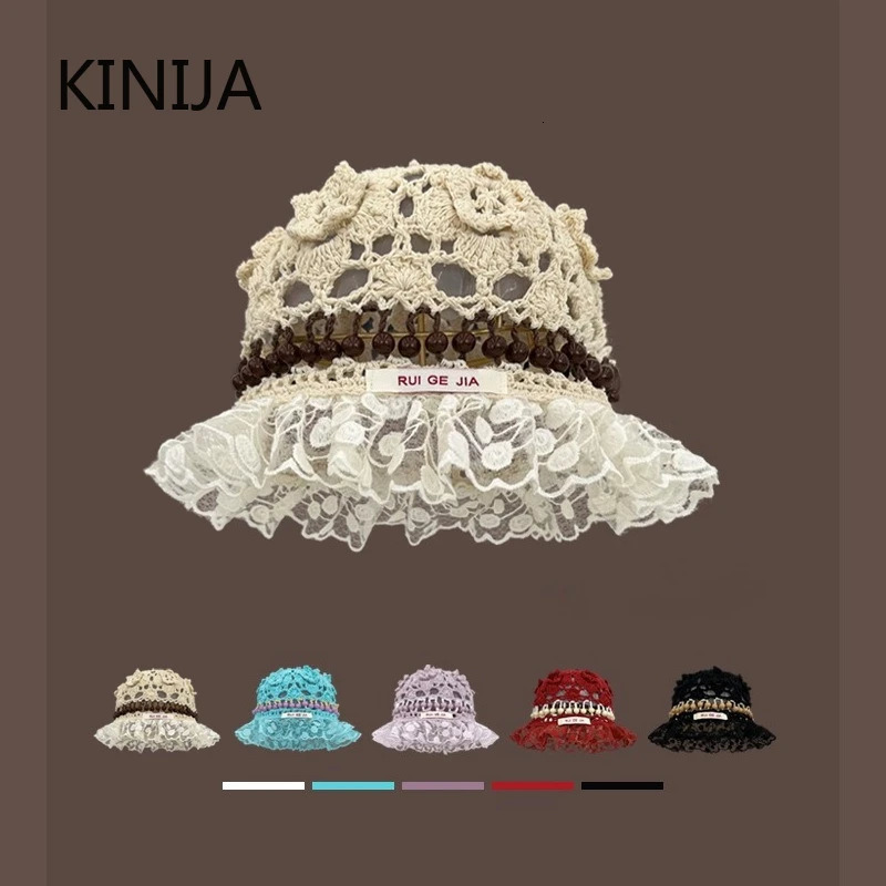 Korea Retro Knitted Hollow Out Flower Bead Hat Handmade Crochet Bucket Hat Women Summer Basin Cap Trendy Round Top Cap Girl 250715
