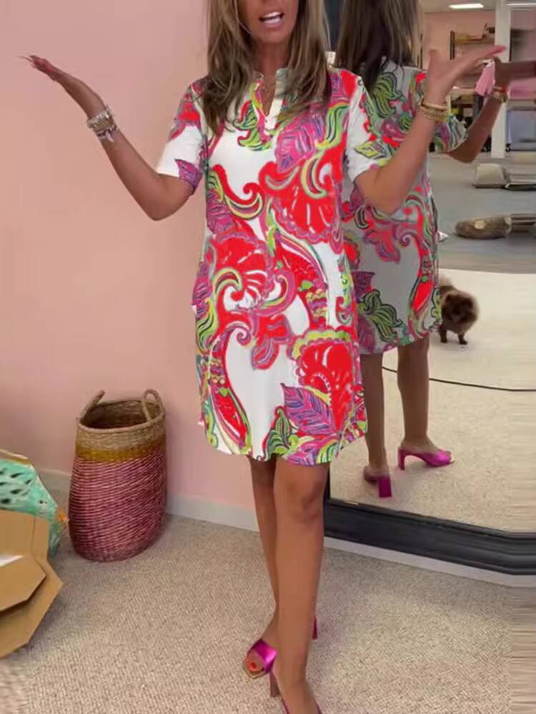 Summer Loose V-neck Short Sleeve Fashion Casual New Print Elegant Beach Party Dress Womens Clothing dongdumaoyi