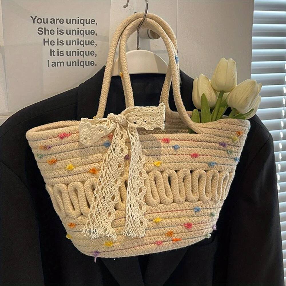 Women's Tote Woven Artistic Casual And Lightweight Holiday Shoulder Bag, Suitable For Vacation, Beach