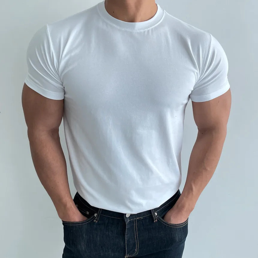 High quality mens short sleeve training T-shirt high elastic cotton breathable quick drying round neck solid color Tops 250715