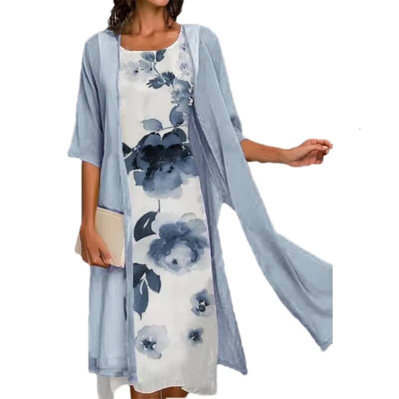 2024 Europe and the United States summer new womens casual two-piece set of printed round neck slim dress women dongdumaoyi