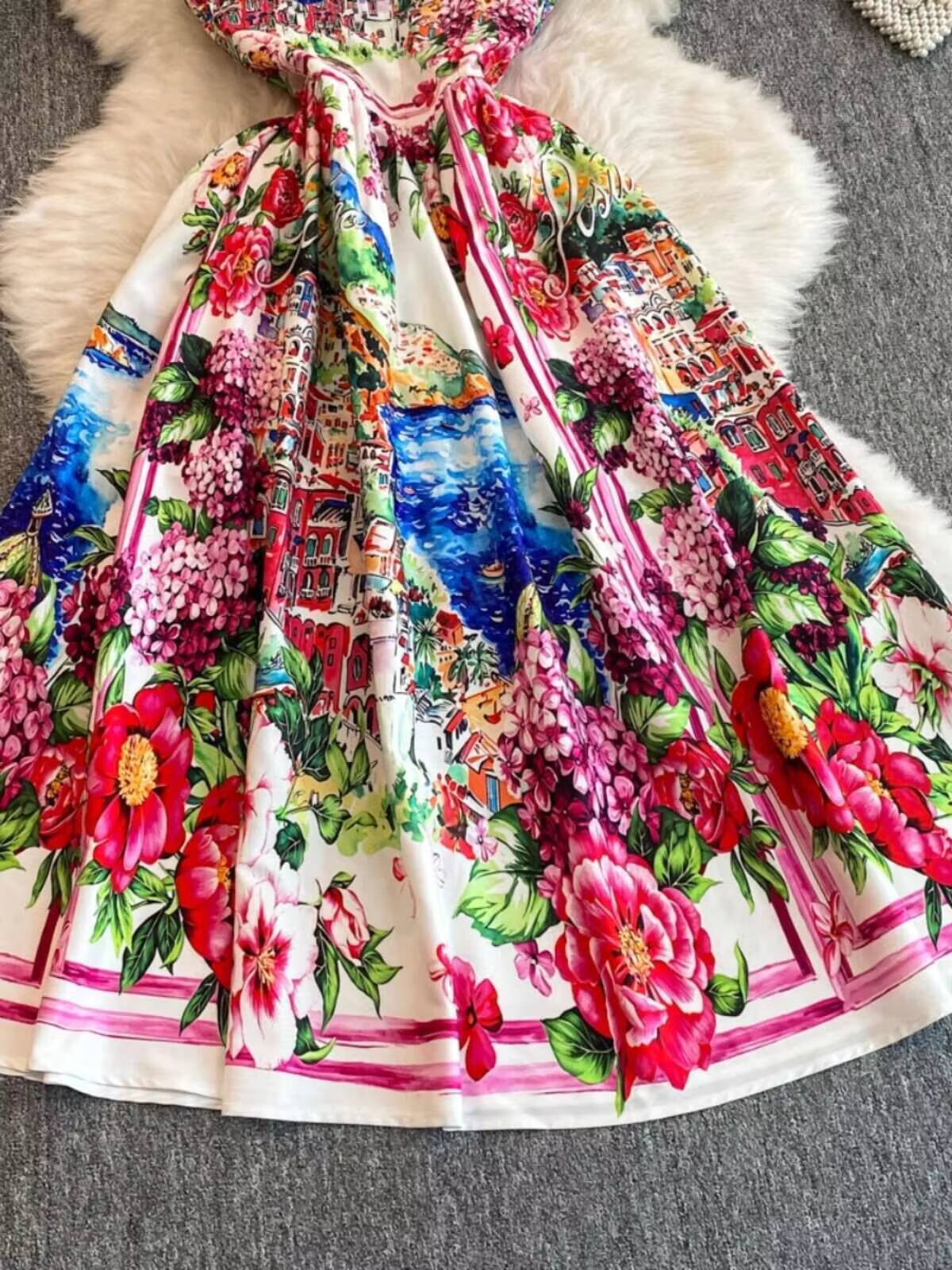 Designer Summer Holiday Floral Print Midi Prom Dress Women Bustier Corset Strechy Back Sundress Party Long Evening Dresses dongdumaoyi