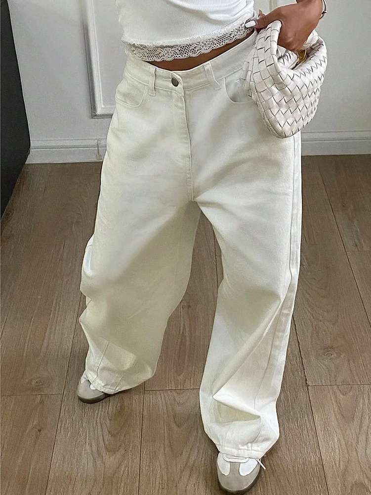 Loose Jeans Fashion Women High Waist Pocket White Solid Retro Wide Leg Denim Pants Casual Office Lady Commute Trousers 250716