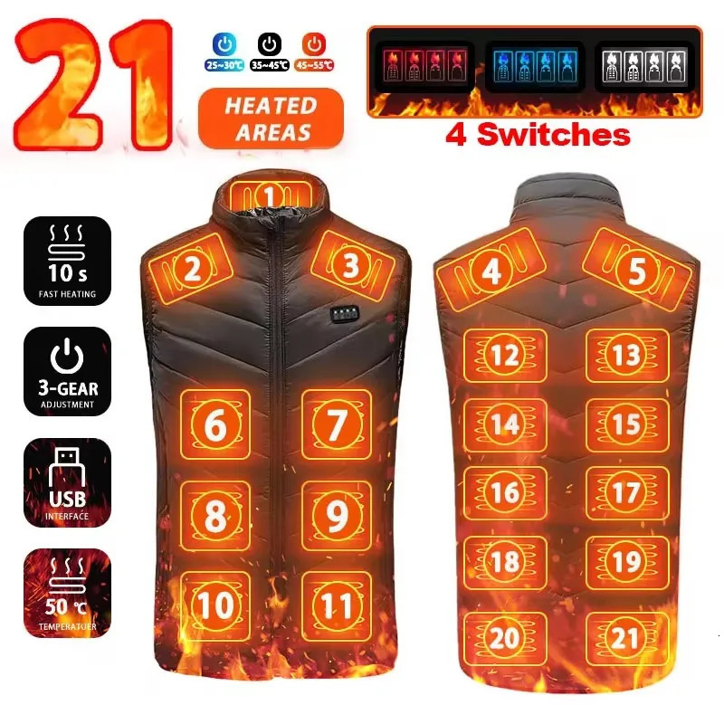 21 Heated Vest Zones Electric Heated Jackets Men Women Sportswear Heated Coat Graphene Heat Coat USB Heating Jacket For Camping 250716