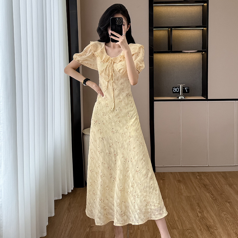 L006 New Yellow Floral Dress Women's Summer Ruffle Lace-up Summer Fashion