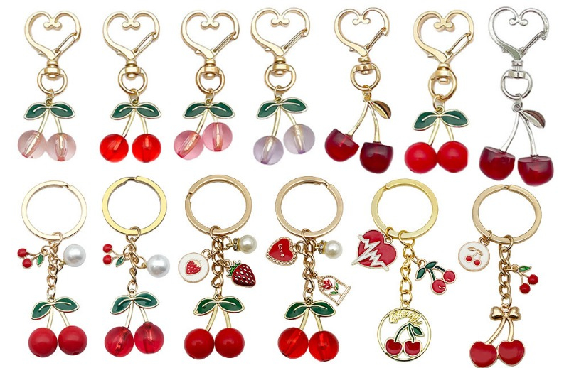 Versatile Key Ring with Sparkling Cherry Design - Stylish Pearled Ornamentation
