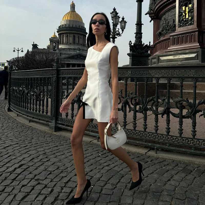 New Tank Dress For Women Skew Collar Fashion Bow Split Elegant Evening Party Short Dress Sleeveless Bodycon Outfits R250716
