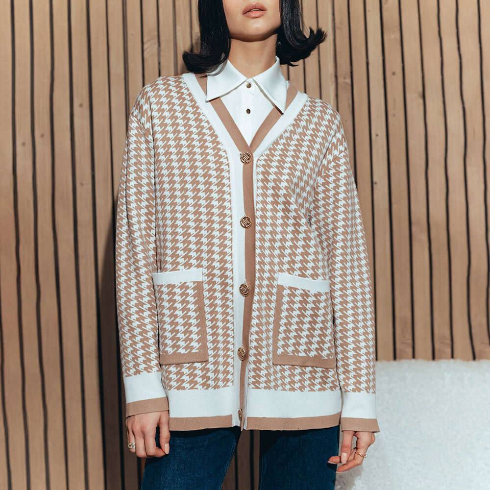 Houndstooth Autumn Winter New Elegant Women's French Loose Sweater Cardigan B5