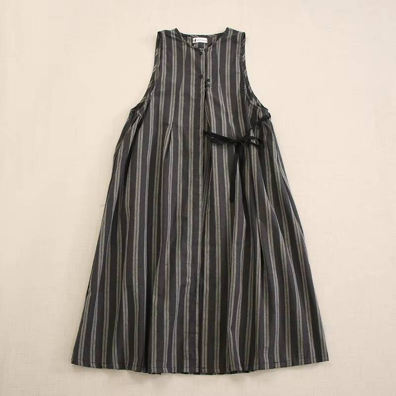 Japanese Mori Girl Asymmetry Vintage Striped Belt Tank Dress Women Summer O-Neck Sleeveless Csual Loose Cotton Midi Dresses dongdumaoyi
