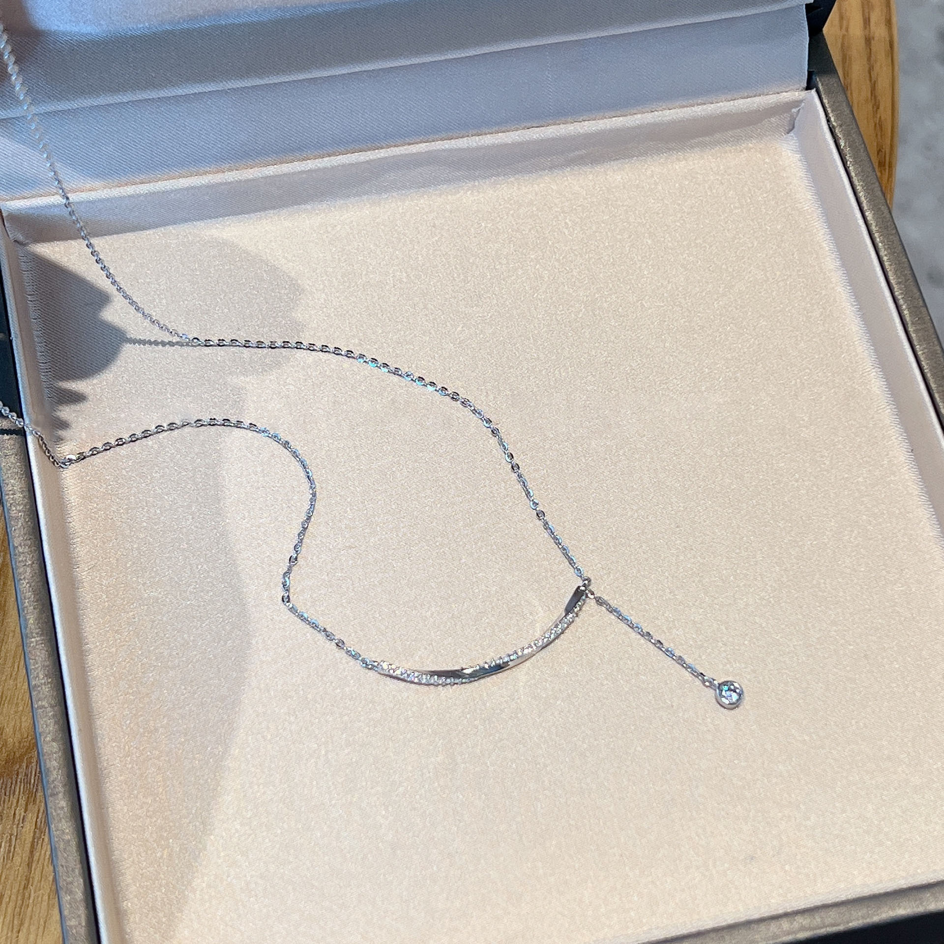 Silver - Toned Rhinestone - Encrusted Curved Bar Necklace With Dangling Single Stone Pendant Elegant Daily And Special Occasions Gift For Her Fashion 