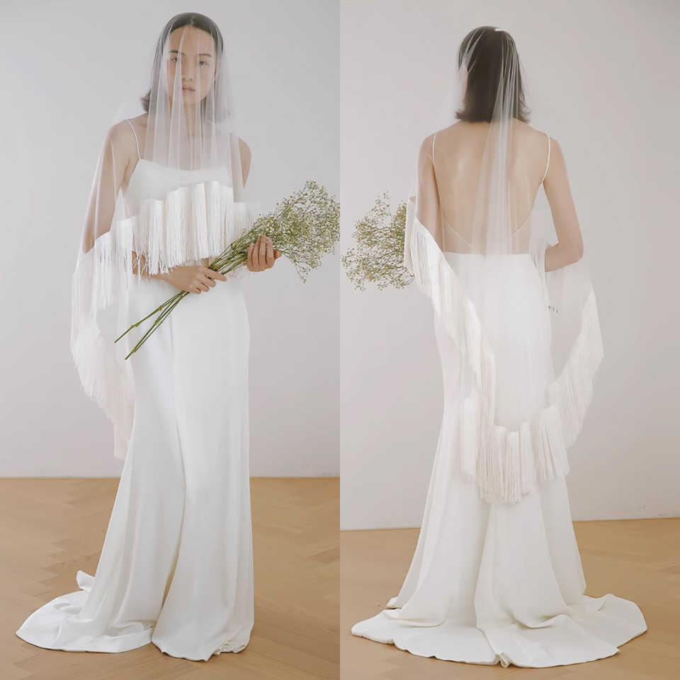Elegant Wedding Veils One Layer Tulle Headdress New Tassel Headdress Lace Tulle White Ivory Bridal Veil Customized length Veils V3260