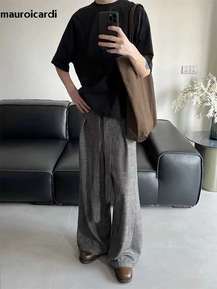 Mauroicardi Spring Long Gray Flowy Baggy Wide Leg Pants for Men Sashes Clothing Loose Casual Soft Korean Fashion Trousers 2024 y250716