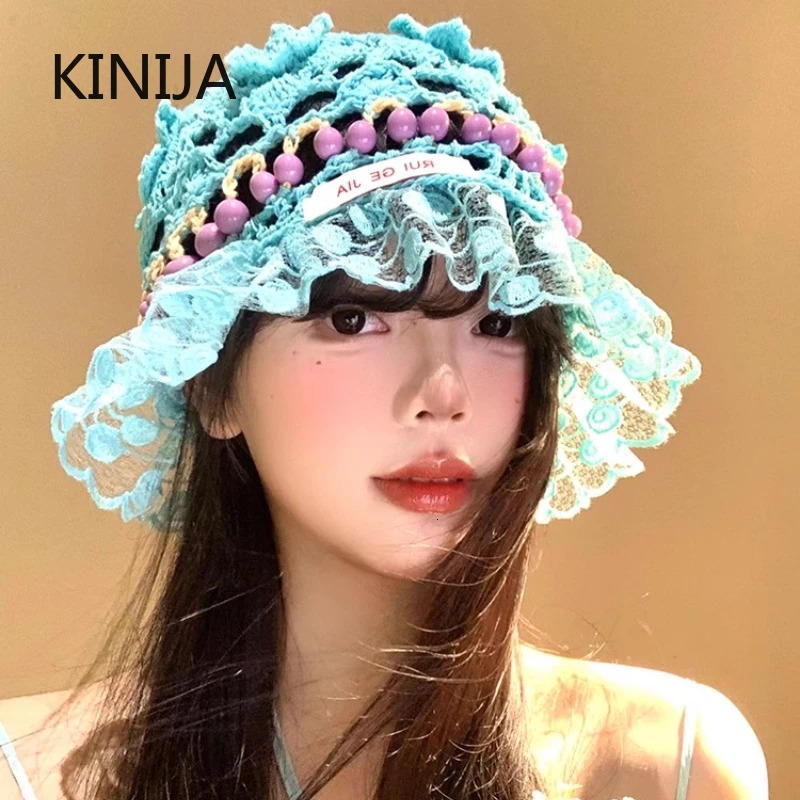 Korea Retro Knitted Hollow Out Flower Bead Hat Handmade Crochet Bucket Hat Women Summer Basin Cap Trendy Round Top Cap Girl 250715
