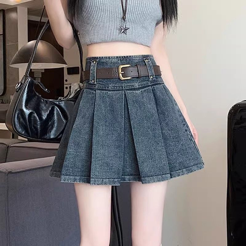 2025 Summer New Denim Midi Skirt for Women High Waist Versatile Slimming A-Line Pleated with Design Sense Short