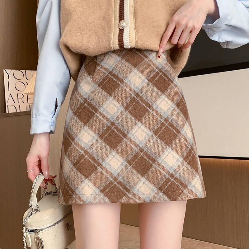 2025 Vintage Plaid Woolen Skirt for Women American Style High Waist A-Line Bodycon 2024 Autumn Winter Slimming Half Ins
