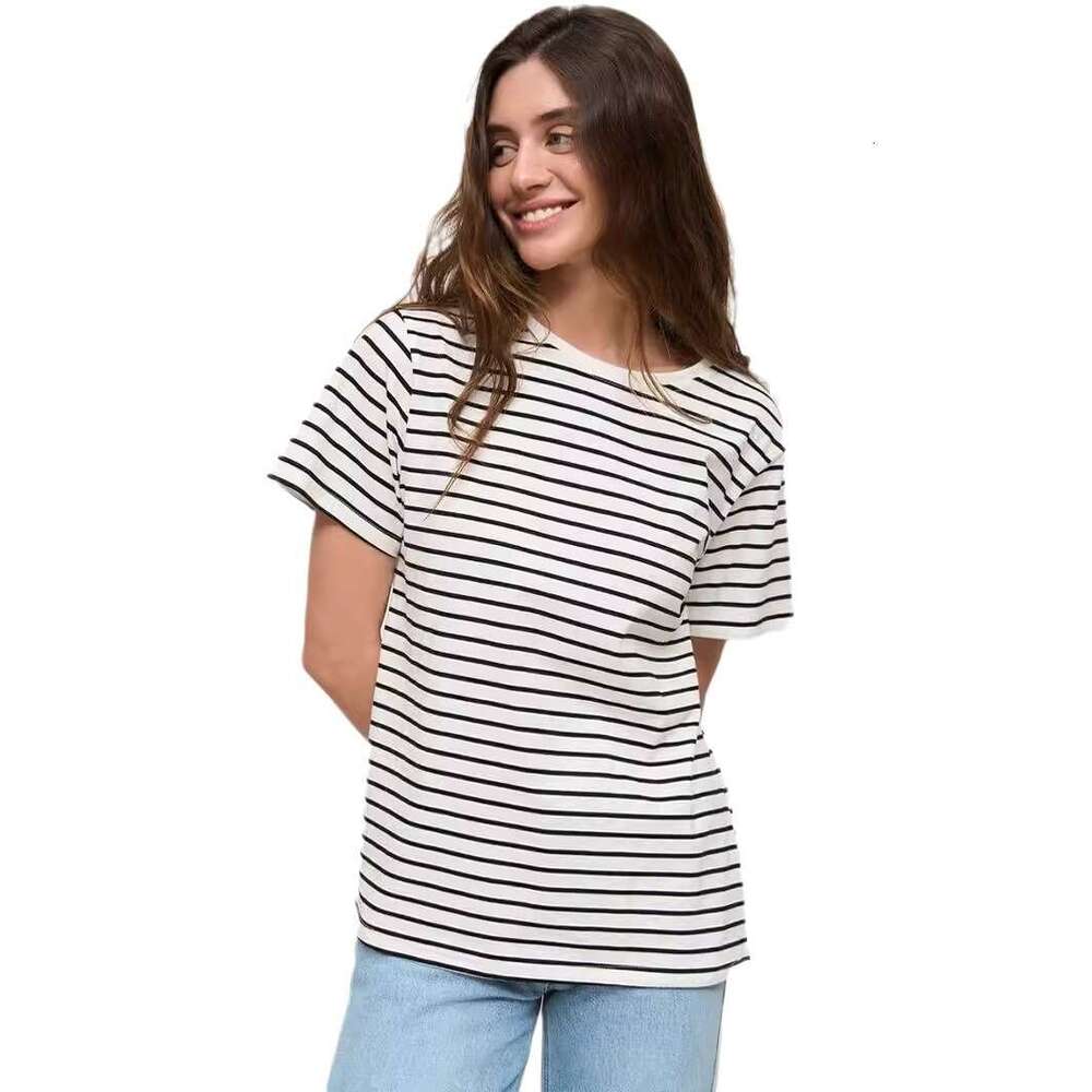 Summer Women's New Style Elegant Commuter Versatile Round Neck Black And White Striped Short Sleeve T-Shirt B5