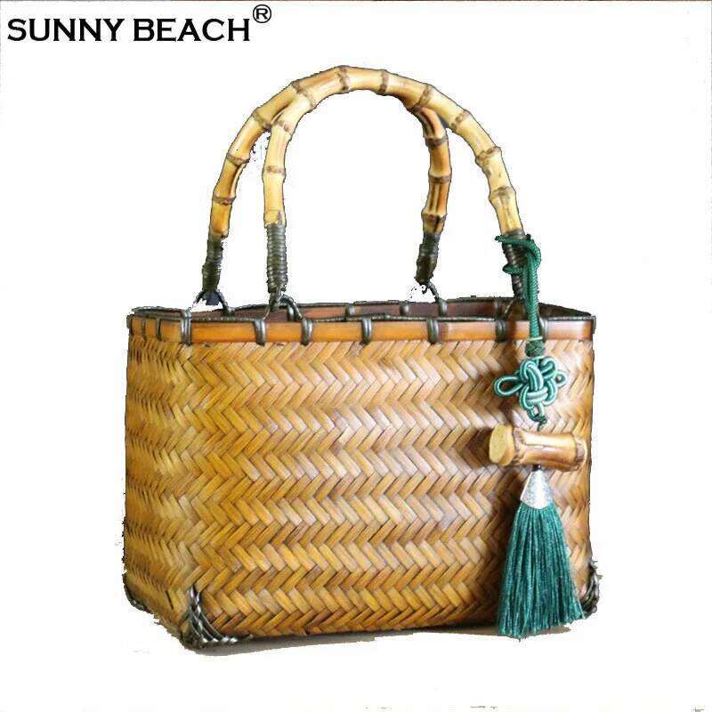 SUNNY BEACH Square Chinese Traditional Natural Bamboo Handle Rattan Bag Straw Women Summer Handmade Woven Bohemia Tote Handbag