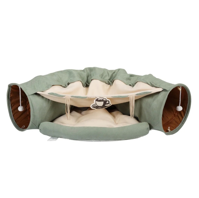 Cat's Telescopic Tunnel Cushioned Bed Pet Nest Teasing Balls Zipper Connection Feline Supplies Bright Green