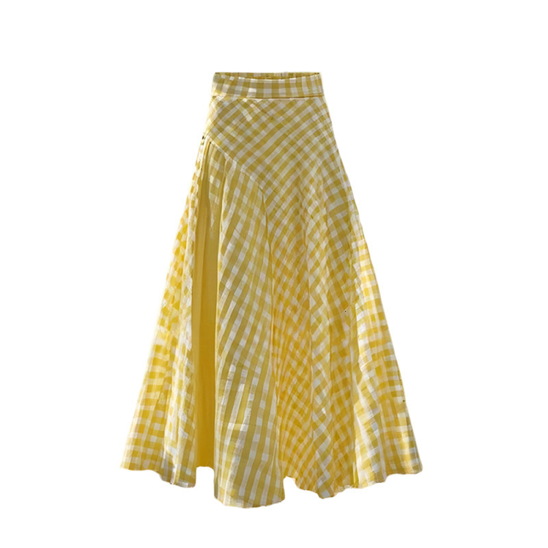 2025 Dopamine Yellow Waist-Cinching Plaid Design Long Skirt for Women New Fashion Trendy Summer Style