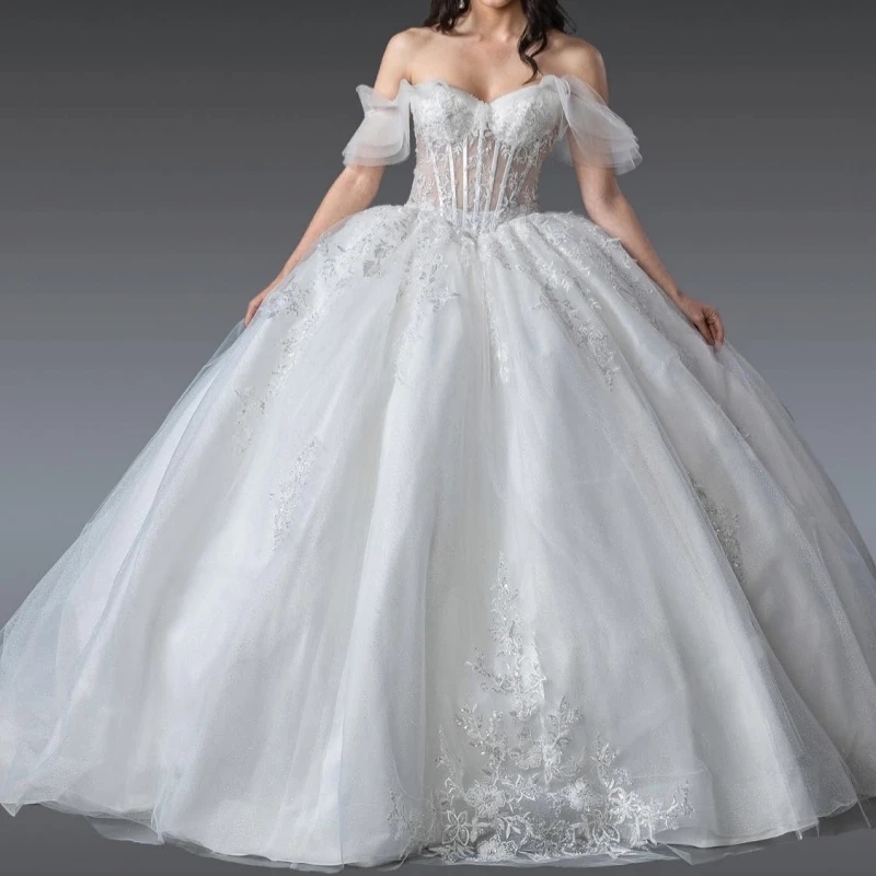 White Quinceanera Dresses Ball Gown Off The Shoulder Applique Lace Beads Tull Party Birthday Sweet 16 Dress Vestidos 15 De Anos