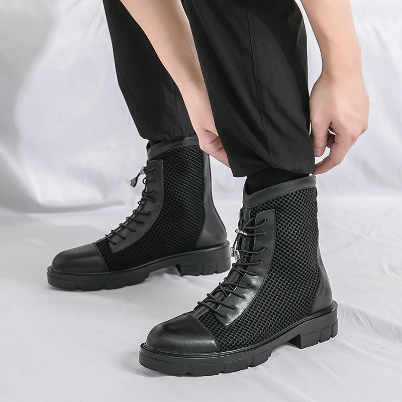 Summer Mens leather boots Thick Sole Mesh Hollow Out Outdoor Fashionable Breathable Motorcycle High Bond Leather Shoes 250715