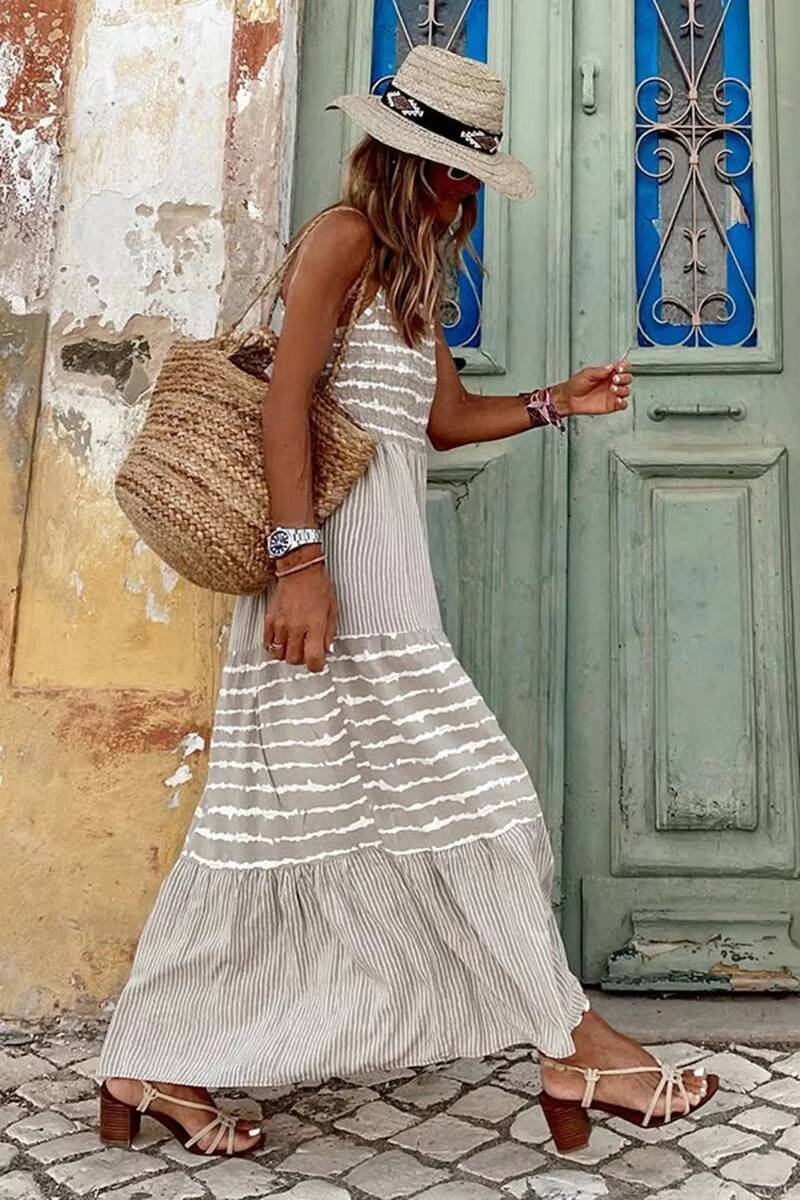 Maxi Long Dress Women Mom Boho Round Neck Sling Dresses Striped Sleeveless Summer Streetwear Print Loose Casual Vestidos dongdumaoyi