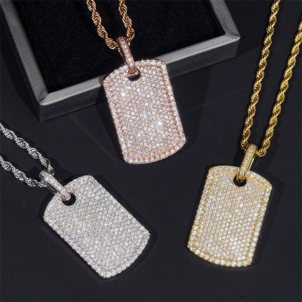 S925 Sterling Silver Inlaid Moissanite Shiny Rectangular Pendant Necklace INS Cool Hip-hop Pendant