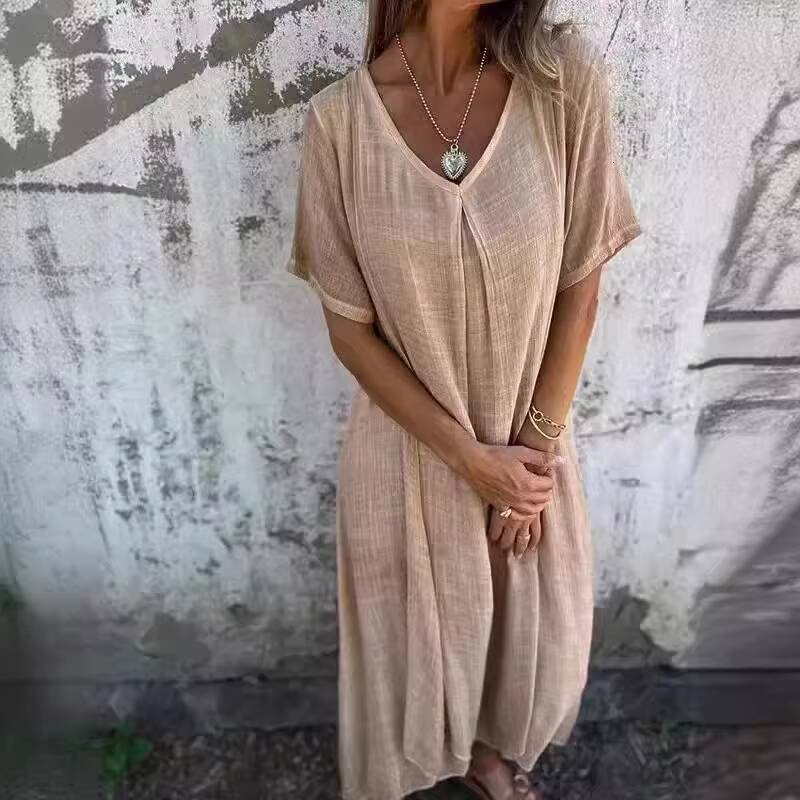 Sexy V Neck Loose Cotton Linen Dress Summer Women Short Sleeve Solid Color Maxi Long Homewear Oversized Dresses YSYYFS-YS24188 dongdumaoyi