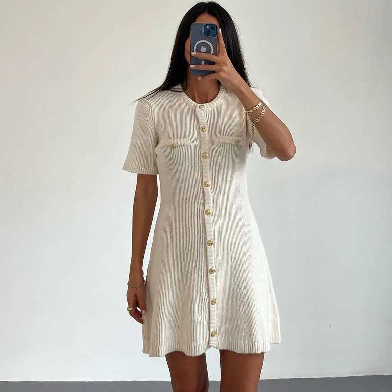 White Elegant Knitted Mini Dress For Women Metal Button Sexy Slim Rib Sweater Dress Holiday Party Outfits Autumn 2024 New R250716