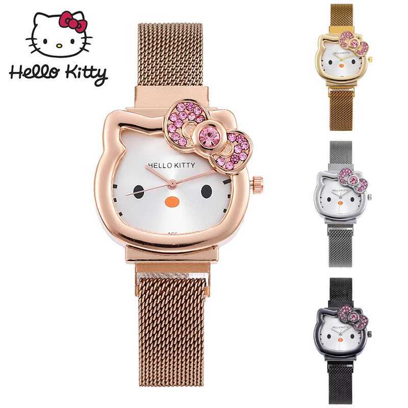 Sanrio Hello Kitty Diamond Watch Cat Bow Kawaii Pink Ladies Gold Silver Metal Jewelry Cartoon Magnetic Watch Girlfriend Birthday w250716