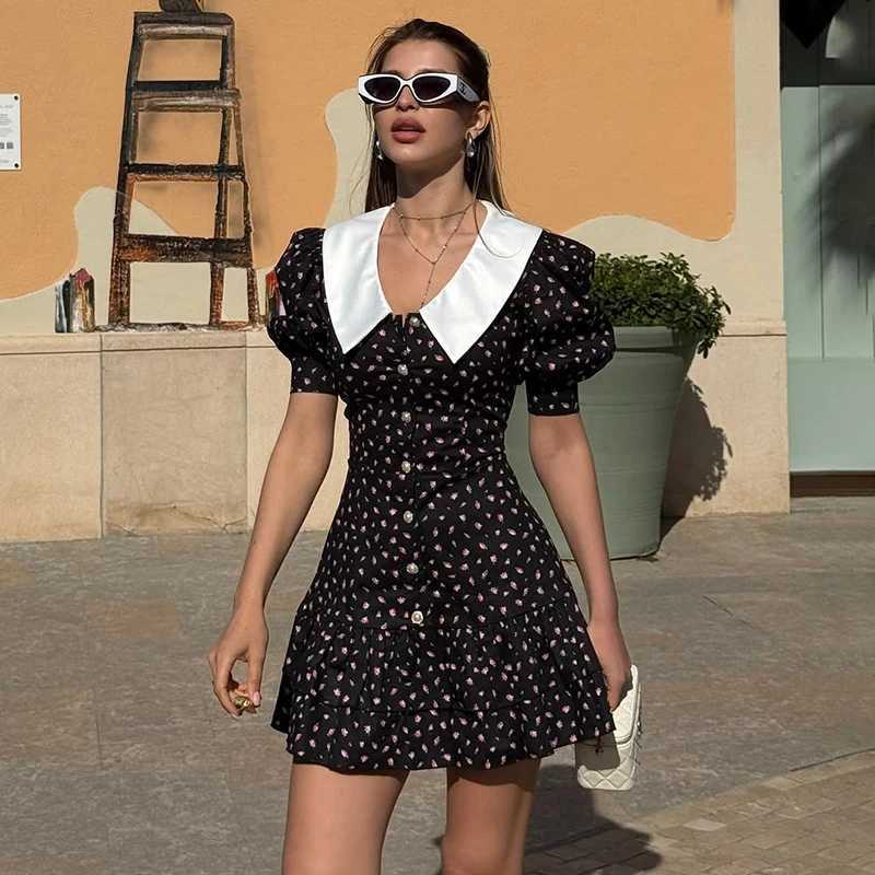 Turnova Print Puff Sleeve Mini Dress Womens Short Sleeve V Neck Pearl Button Dress Lady High Waist Elegant Evening Party Dress R250716