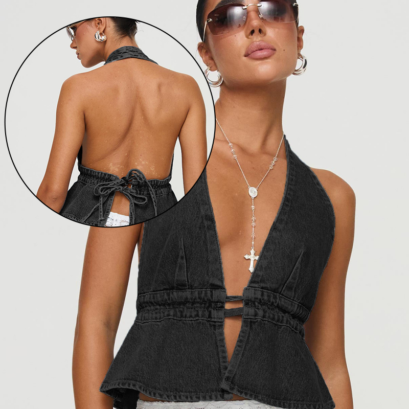 Sexy denim top A sexy European and American hot girl's washed-out denim backless neck lace-up denim top