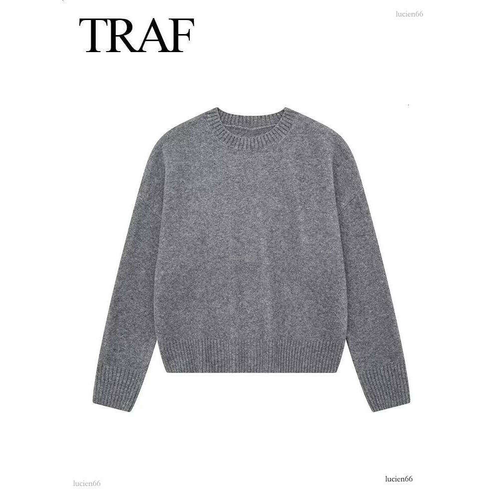 TRAF Autumn Winter Womens Grey Pullover Sweater Womens Long Sleeve Loose Knitted Jumper O-Neck Knitted Oversized Coat 240912